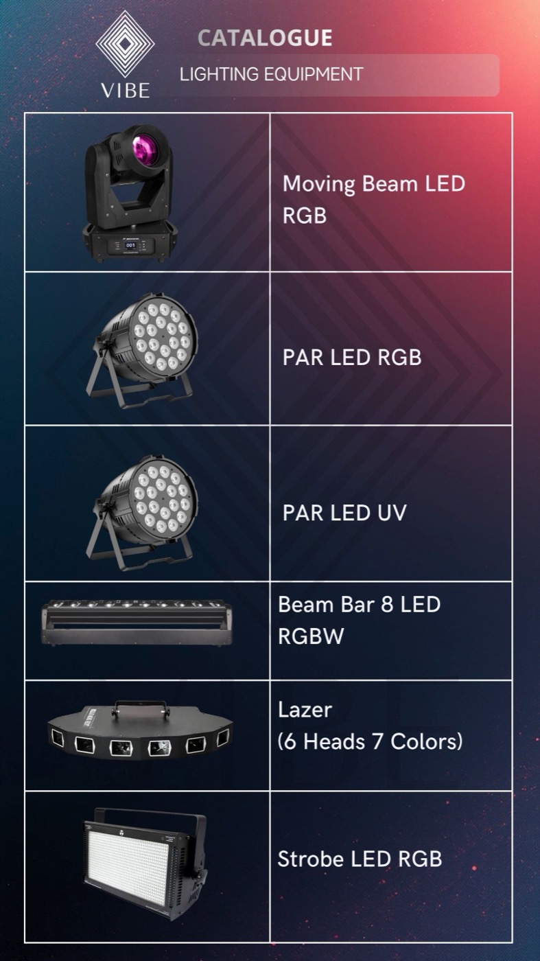 Moving beams, PAR lights, beam bar, laser, strobe