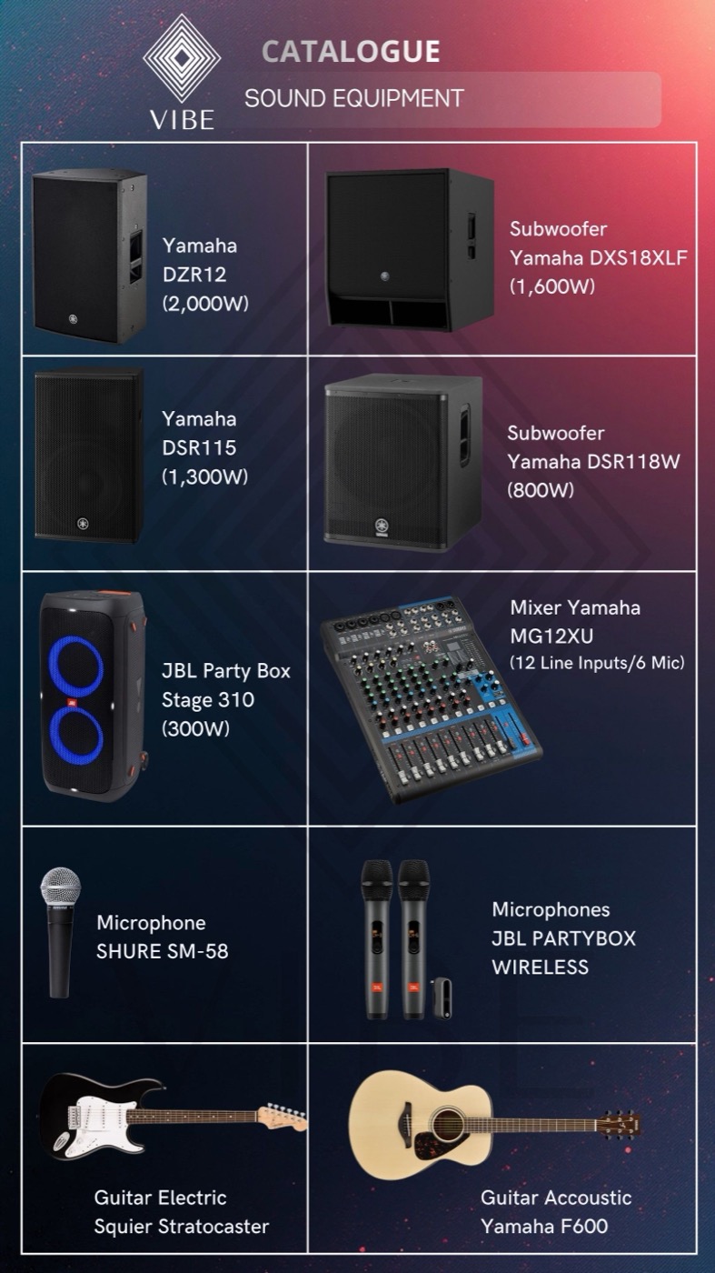 Yamaha speakers and subwoofers, JBL PartyBox, mixer, microphones, guitars